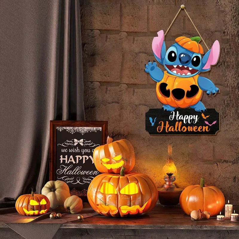 Halloween Star and Stitch Disney Wooden Pumpkin Sign Cartoon Anime Character Accessories Party Dance Room Door Decoration