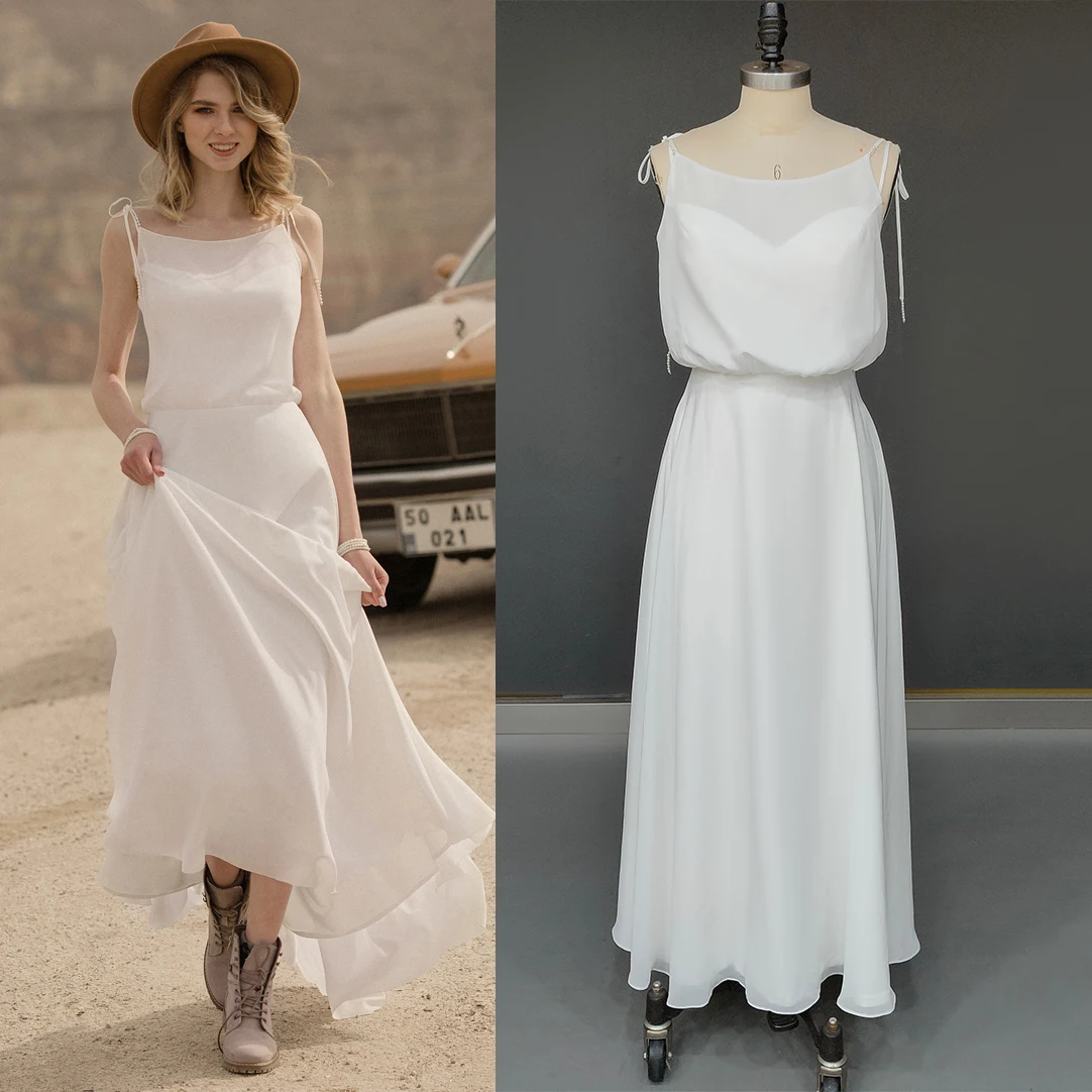 EINE Linie Strand Chiffon Brautkleid Scoop Neck Weiche Einfache Baggy Mieder Spaghetti-trägern Perlen Zipper Ankle Länge Braut Kleider