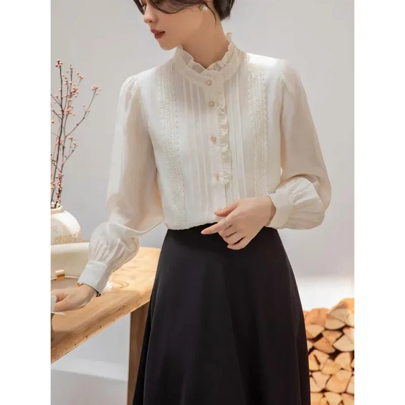 

French stand-up collar fungus edge commuter shirt women's spring wear 2025 new foreign style early spring long-sleeved shirt