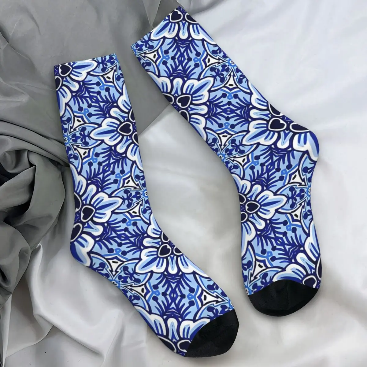 

Blue Ornate Floral Mediterranean Sicilian Tile Stockings Couple Geometric Abstract Socks Socks Winter Skateboard Anti-Slip Socks