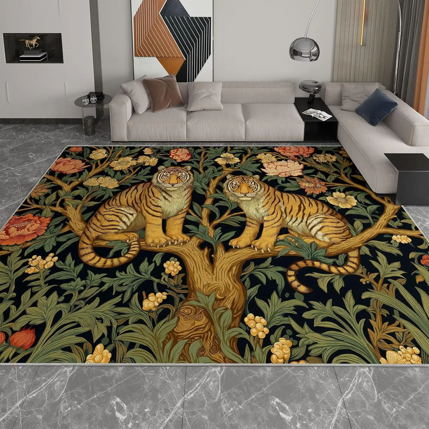 Large Green William Morris Tiger Floral Area Rug Washable Non Slip Non Shedding Low Pile Carpet for Playroom Bedroom Home Decor