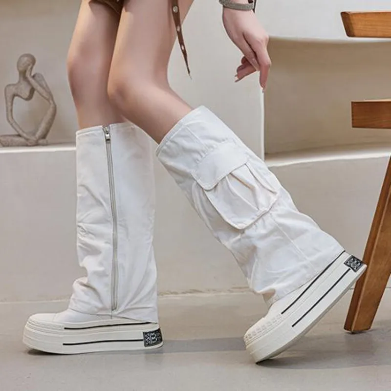 Fashion New 2026 Women Denim Canvas High Boots Height Increasing Sole 12CM Trendy Street Boots Zipper Open Pocket Platform Botas