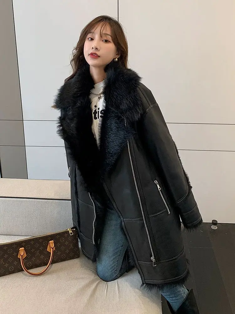 fur integrated coat imported from Spain, women's lamb fur grass young coat, medium length coat