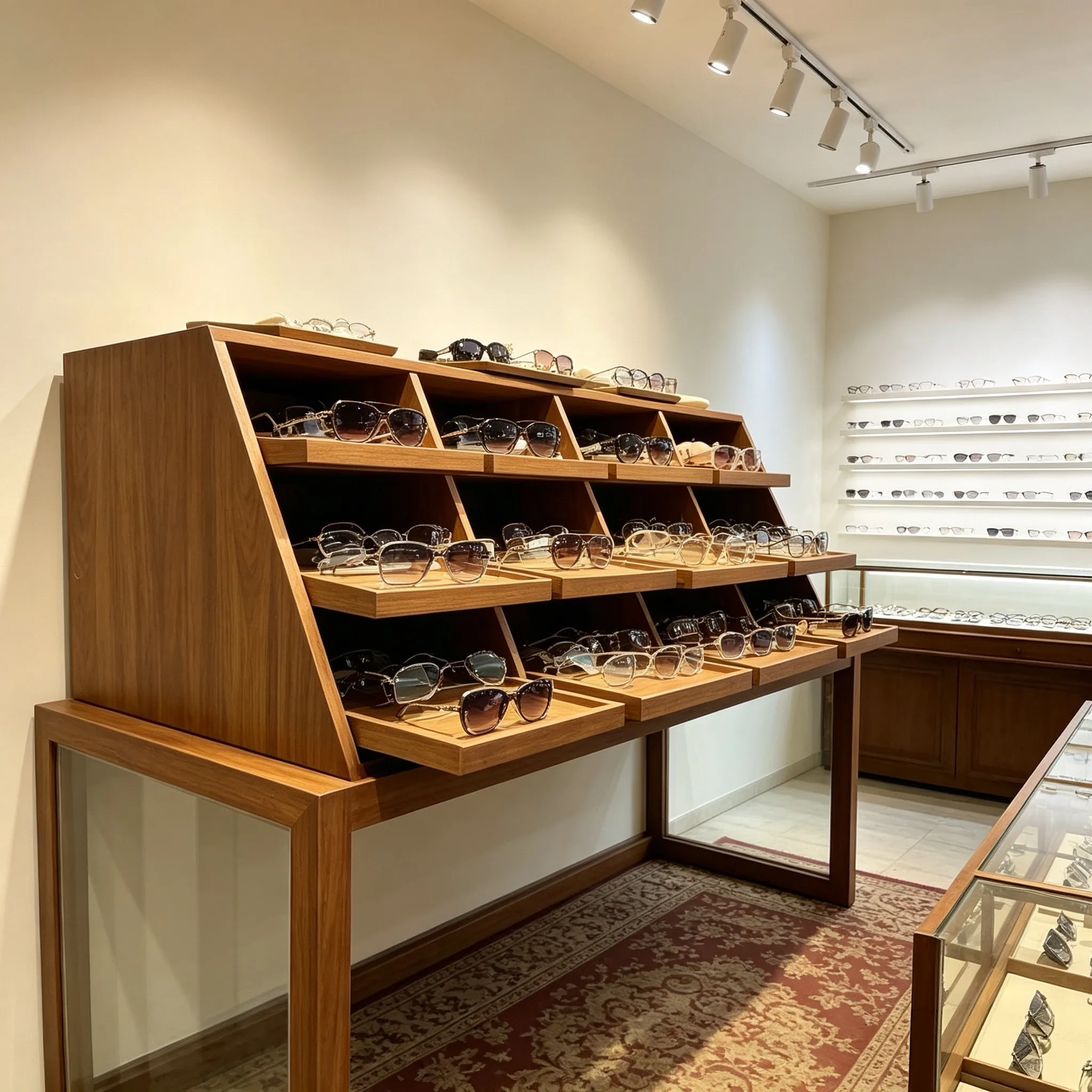 Log optical shop Zhongdao cabinet multi-layer inclined ladder glasses display table wooden glasses display stand