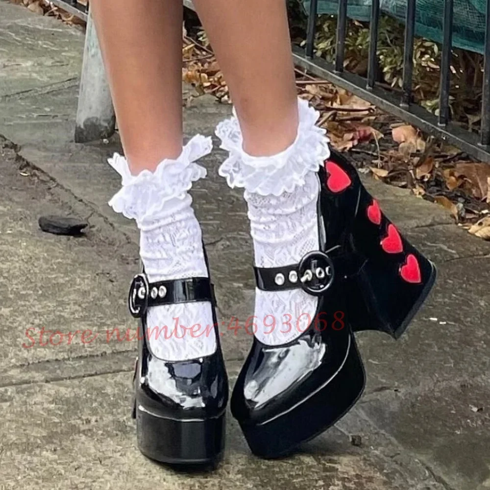 

Heart Shaped Chunky Heels Sandals Women Lolita Platform Round Toe Girl's Shoes Covered Heels Lovely Party Summer Dress Sandals