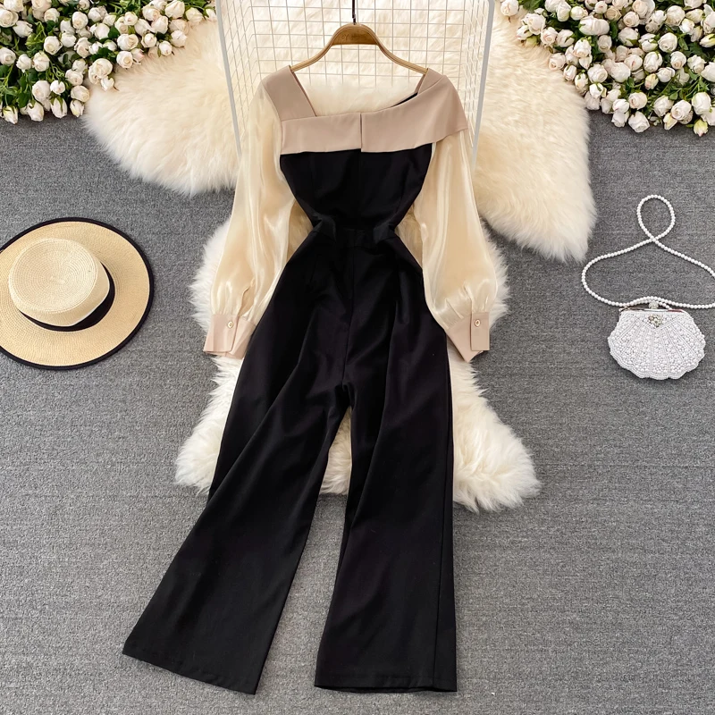 

Faionable High Waist Long Sve Asymmetrical Collar Rer Women's Spring Autumn Straight Leg Wide Leg Pants Dr