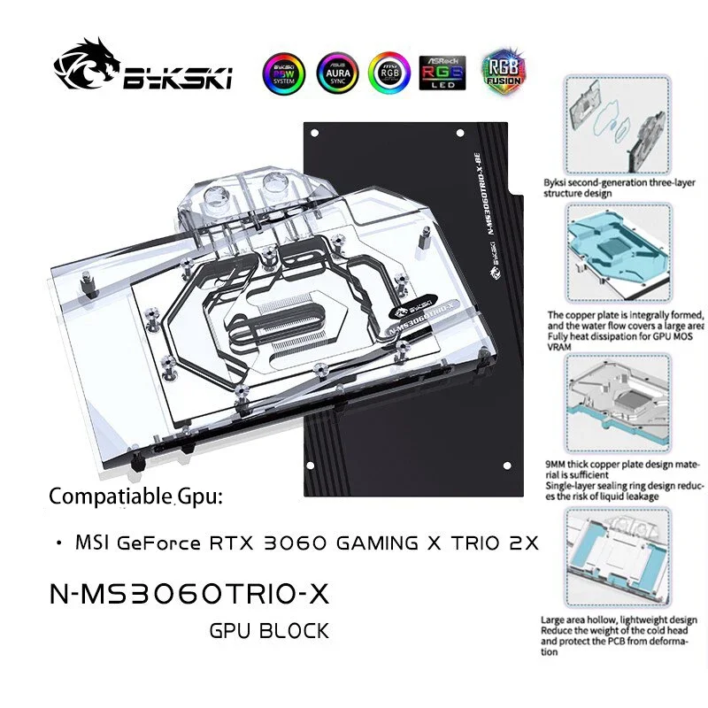 

Bykski Graphics Card GPU Water Block for GeForce RTX 3060 GAMING X TRIO 12G VGA Liquid Cooler + Backplate 12V 5V N-MS3060TRIO-X