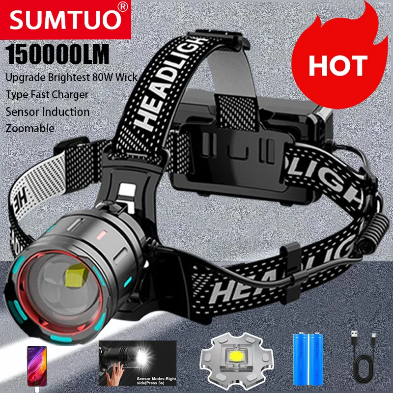 

2024 Newest Powerful LED Headlamp 800W LED IR Sensor Rechargeable Headlight 3500M Super Bright Head Flashlight Fishing Lantern