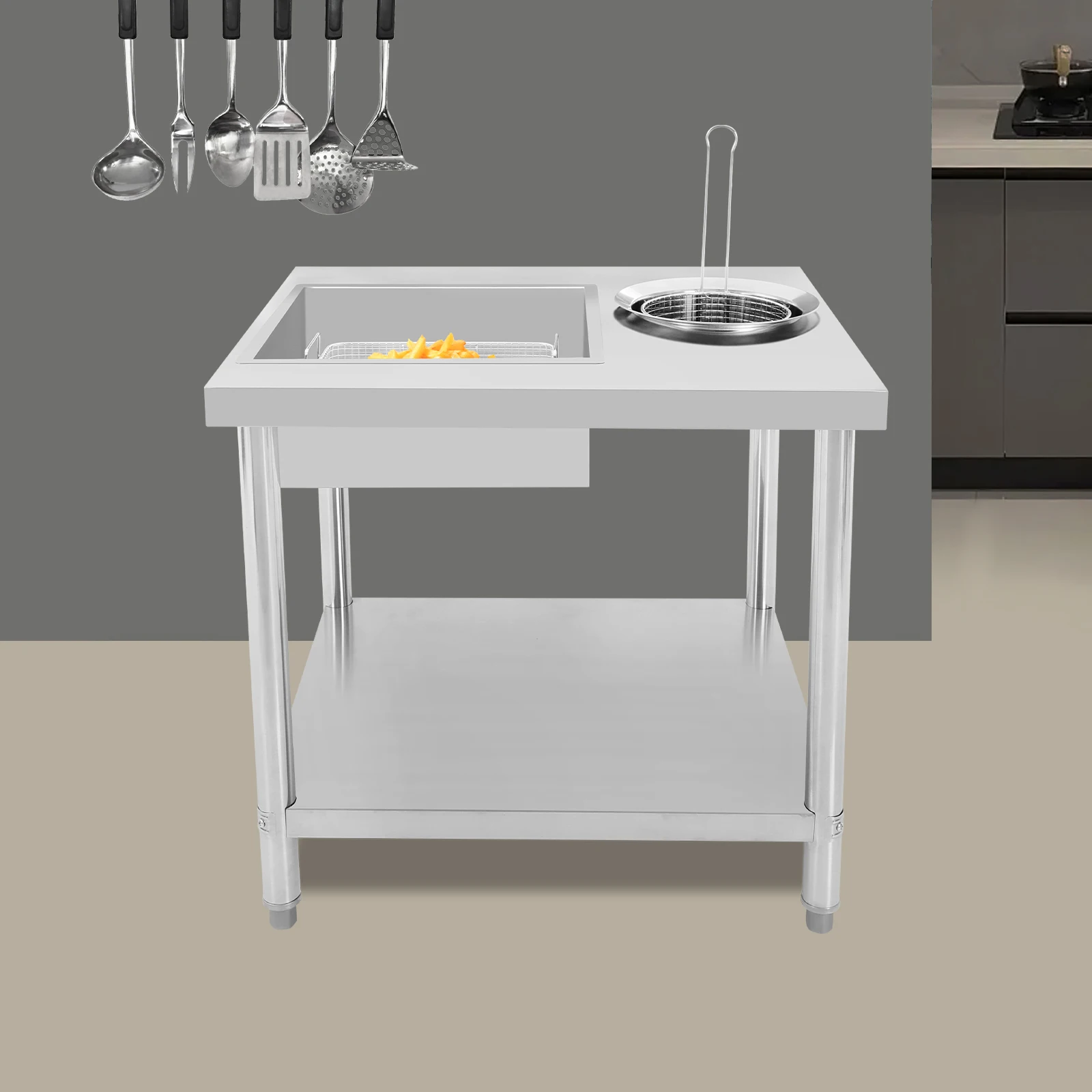 طاولة إعداد الدجاج المقلي المصنوعة من الفولاذ المقاوم للصدأ، سطح عمل الدجاج المقلي، الخبز التجاري، سلال مزدوجة 31.5 بوصة