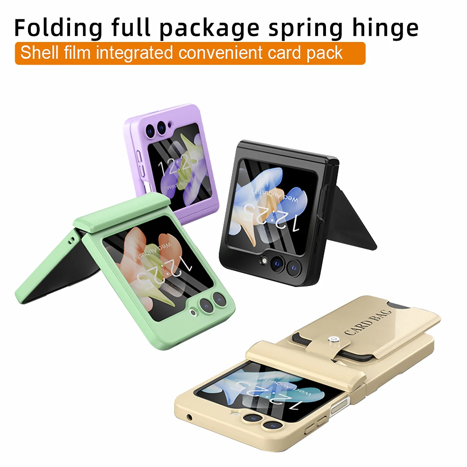 

Hard PC Spring Hinge Shockproof Phone Cover for Samsung Galaxy Z Flip 5 Case with Card Bag Bracket Small Screen Protector