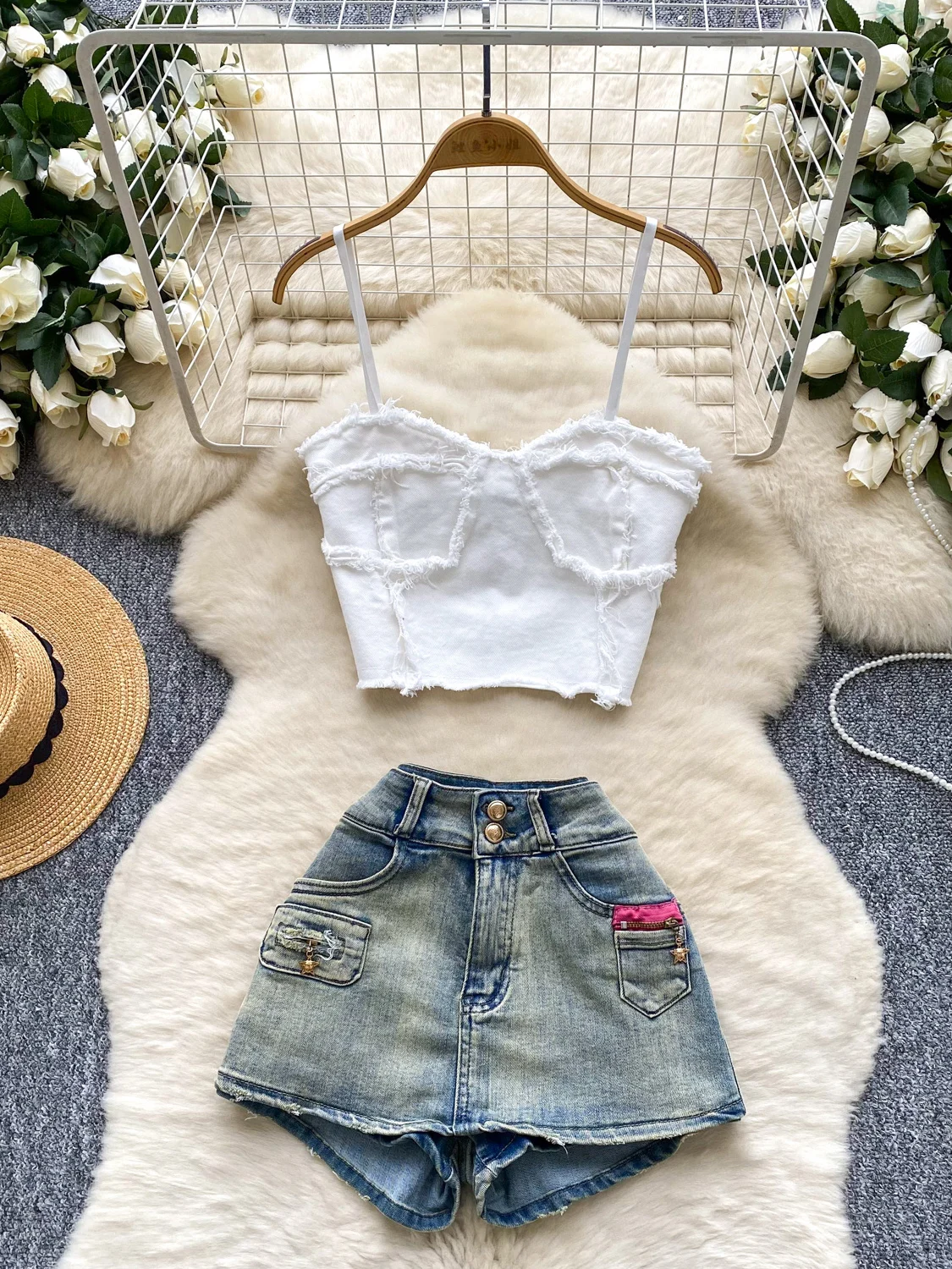 

Винтажный жилет на бретелях + юбка с высокой талией и брюки, комплект Pure Desire Girl Sle, летняя модная одежда для девочек, уличный костюм