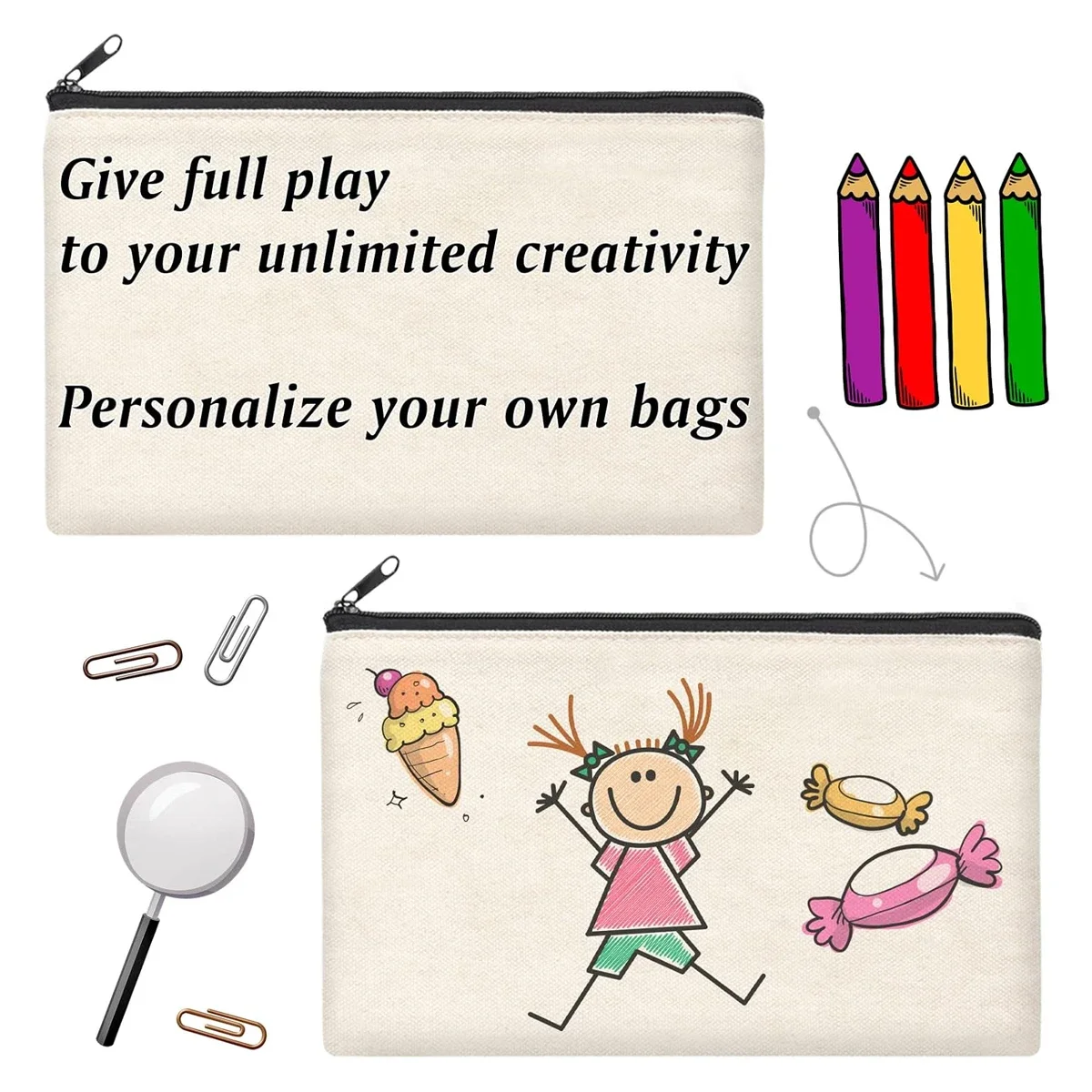 12PCS DIY Blank Canvas Beige Makeup Bag with Zipper - 8.3\