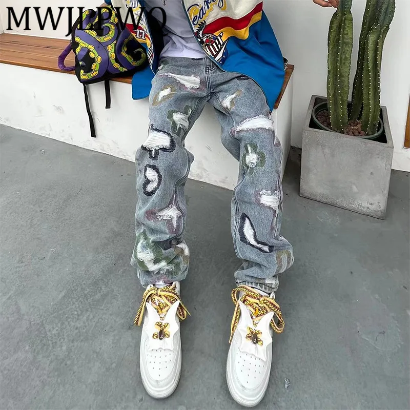 

MWJLPWQ трендовые джинсовые брюки в американском стиле с вышивкой, модные свободные прямые нишевые джинсы унисекс, мужские осенние 12746