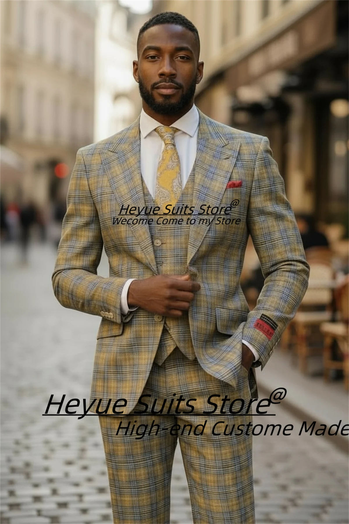 

Business Classic Plaid Men Suits Customized Slim Fit Peak Lapel Groom Wedding Tuxedos 3 Pices Sets Male Prom Blazers Ropa Hombre