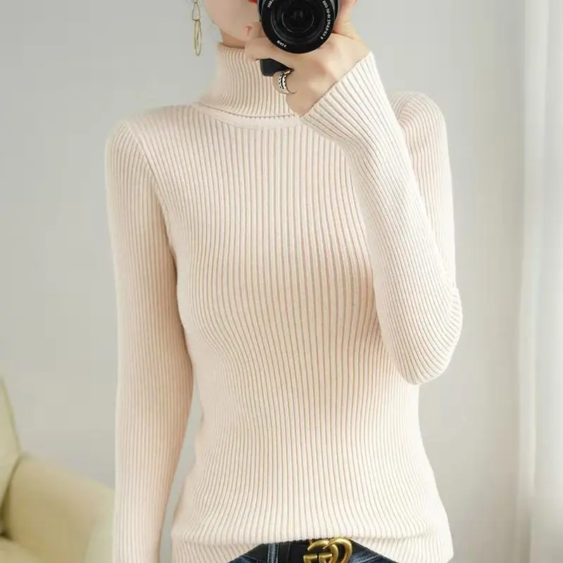 

2025 женский вязаный утепленный универсальный женский однотонный облегающий джемпер с длинным рукавом, осенне-зимние пуловеры, женский свитер с воротником