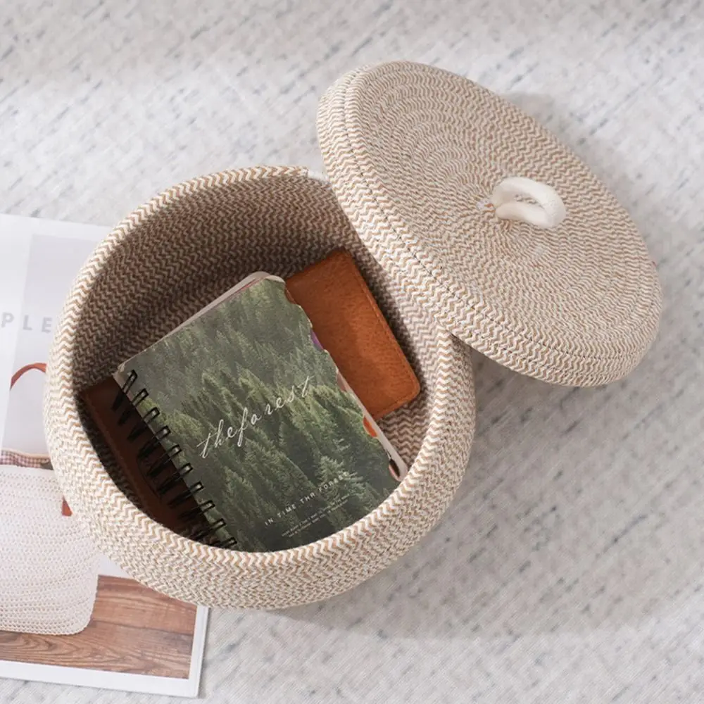 Lidded Basket Cotton Rope Storage Basket with Lid Round Storage Container Mini Organizing Basket Home