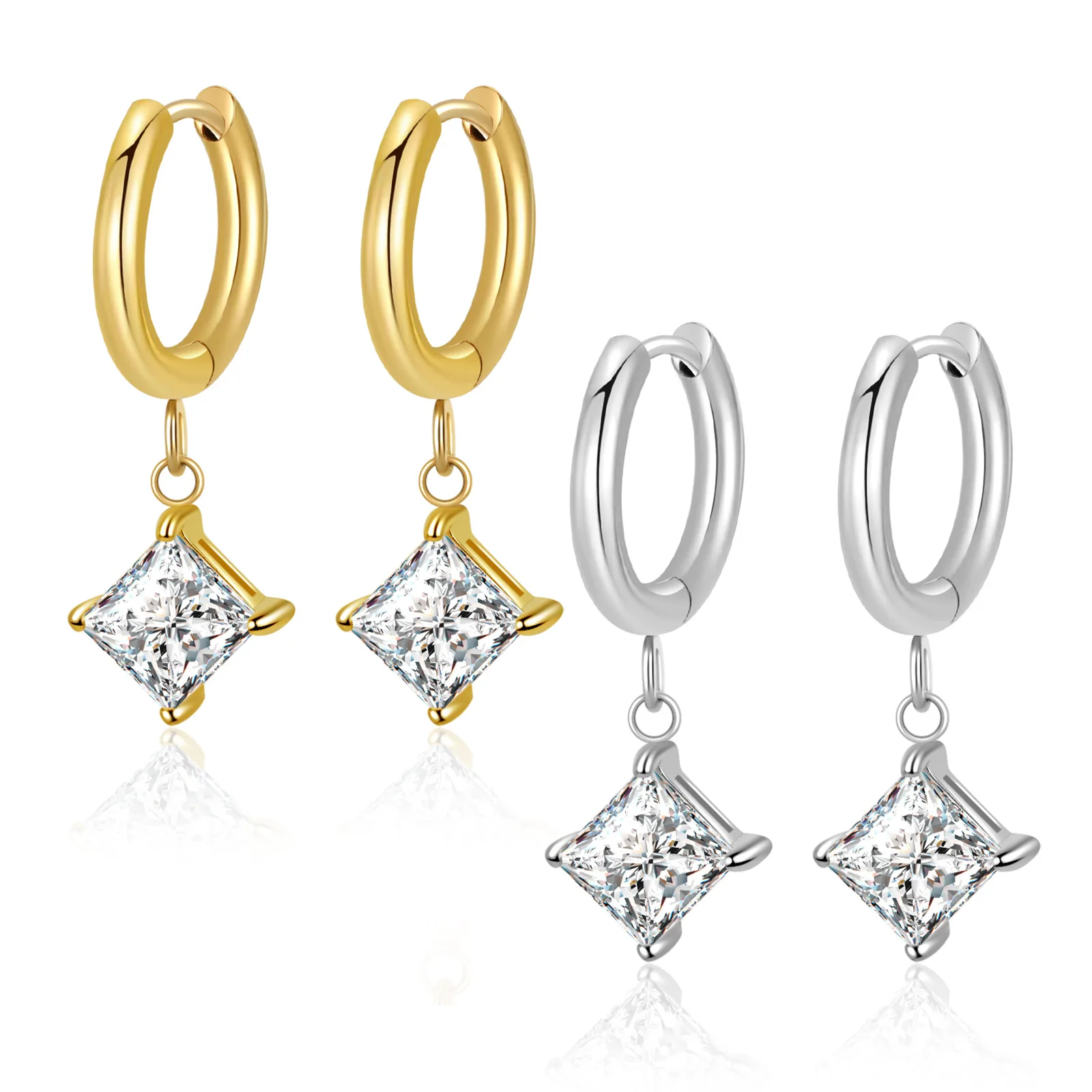 New Stainless Steel Shinny Zircon Square Hoop Earring for Women Gold Plated Jewelry