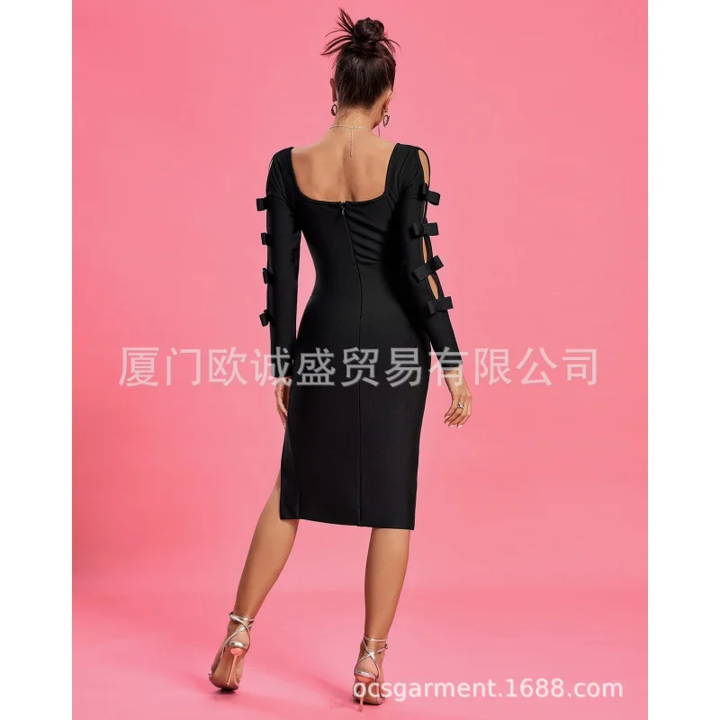 2024 New Bow Long Sleeve Hollow Square Collar Split Elegant Bandage One-Piece Dress Bandage Dress