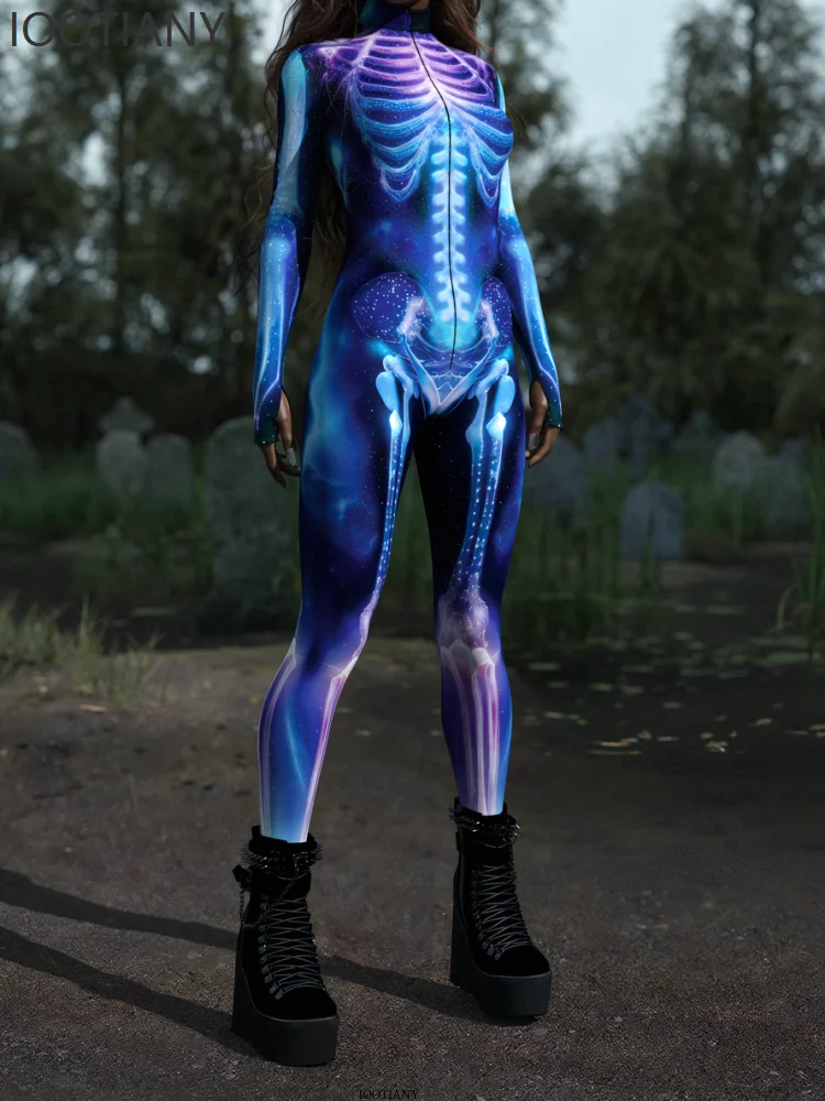 ハロウィン ホラー パーティー 女性のセクシーなマルチカラー スカル プリント ボディスーツ服ホリデー パーティー マスカレード ステージ パフォーマンス衣装