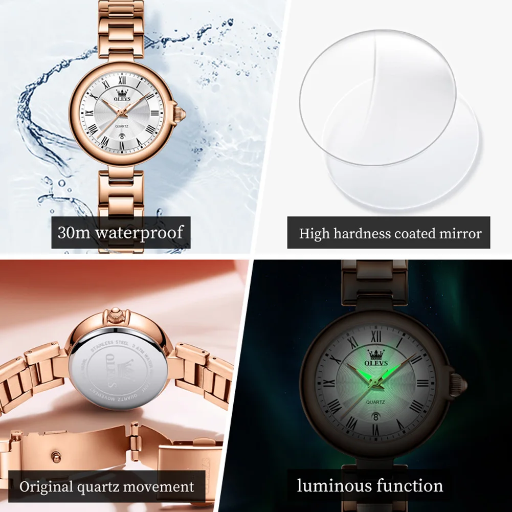 OLEVS Brand New Fashion Quartz Watch for Women Luxury Rose Gold Stainless Steel Strap Waterproof Date Fashion Womens Dress Watch