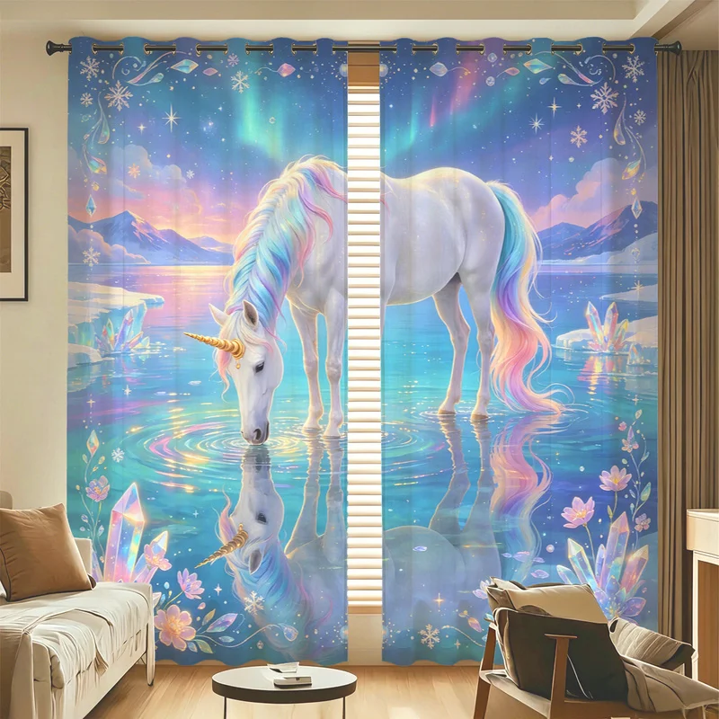 2Pcs Microfiber Curtain Set,Machine Washable,Easy Hanging & Installation,85% Light Blocking,Cartoon Colourful Unicorn Print