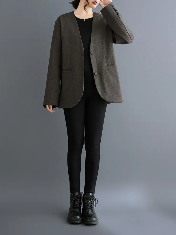 Authentic High-End Woolen Suit Jacket V-Neck Women's Fashion Autumn Winter Korean Style Top Quality Nylon Blend