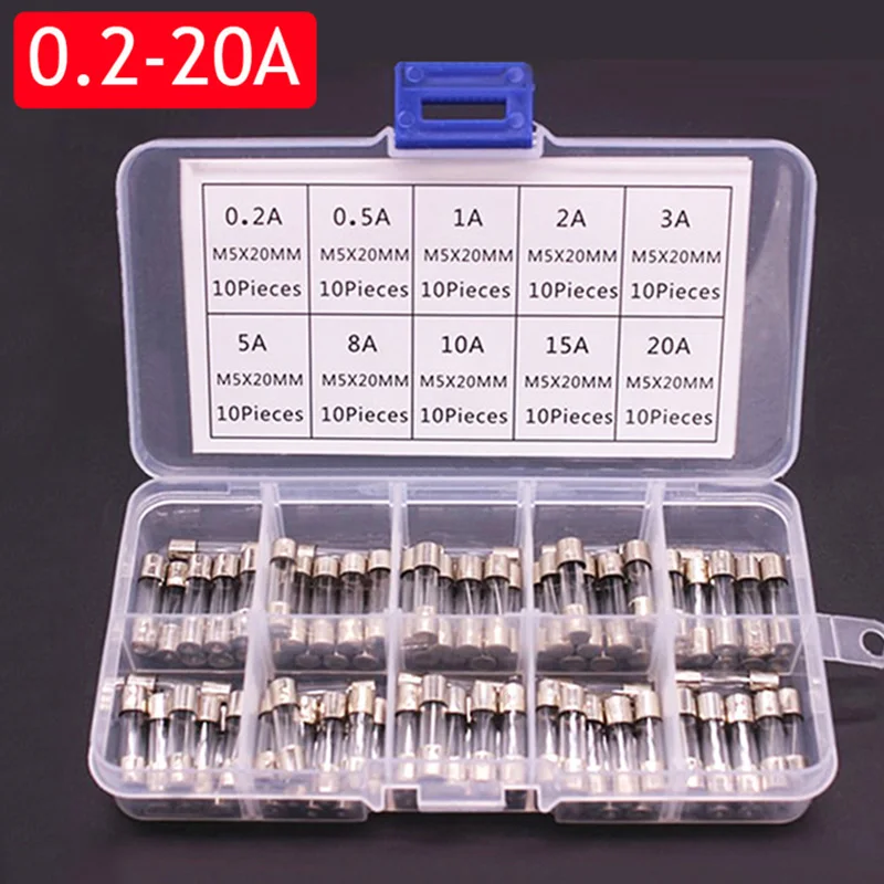 100/72 Stück flinke Auto-Glassicherungen, Auto-Glasrohrsicherungen, 0,2–20 A, 0,5–30 A, sortiertes Kit für Auto-Licht-Inflator-Staubsauger