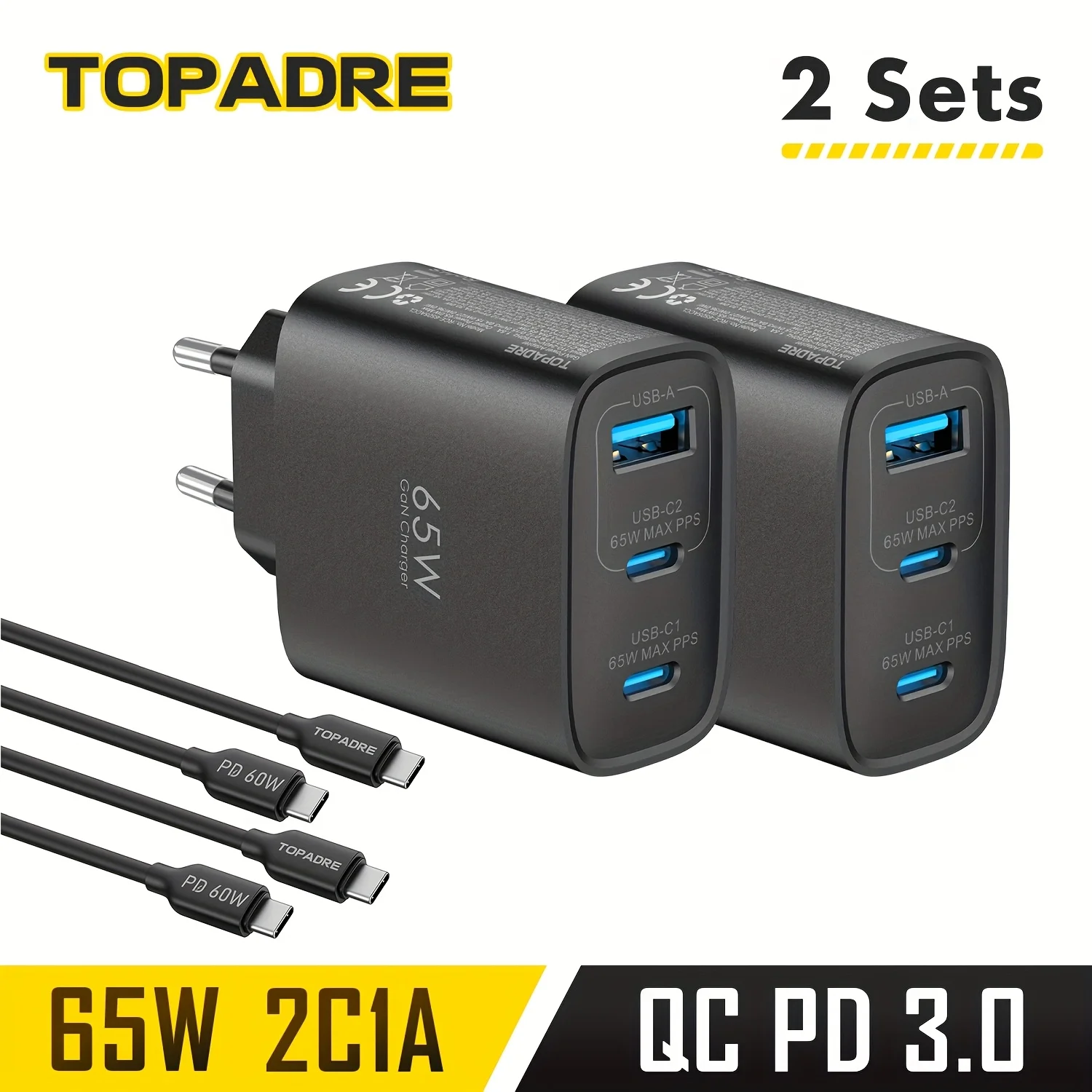 GaN Schnellladegerät 65W USB Typ C 3-Port-Ladegerät PD 3.0 Schnellladung Wandadapter für iPhone 17 Xiaomi Huawei Samsung