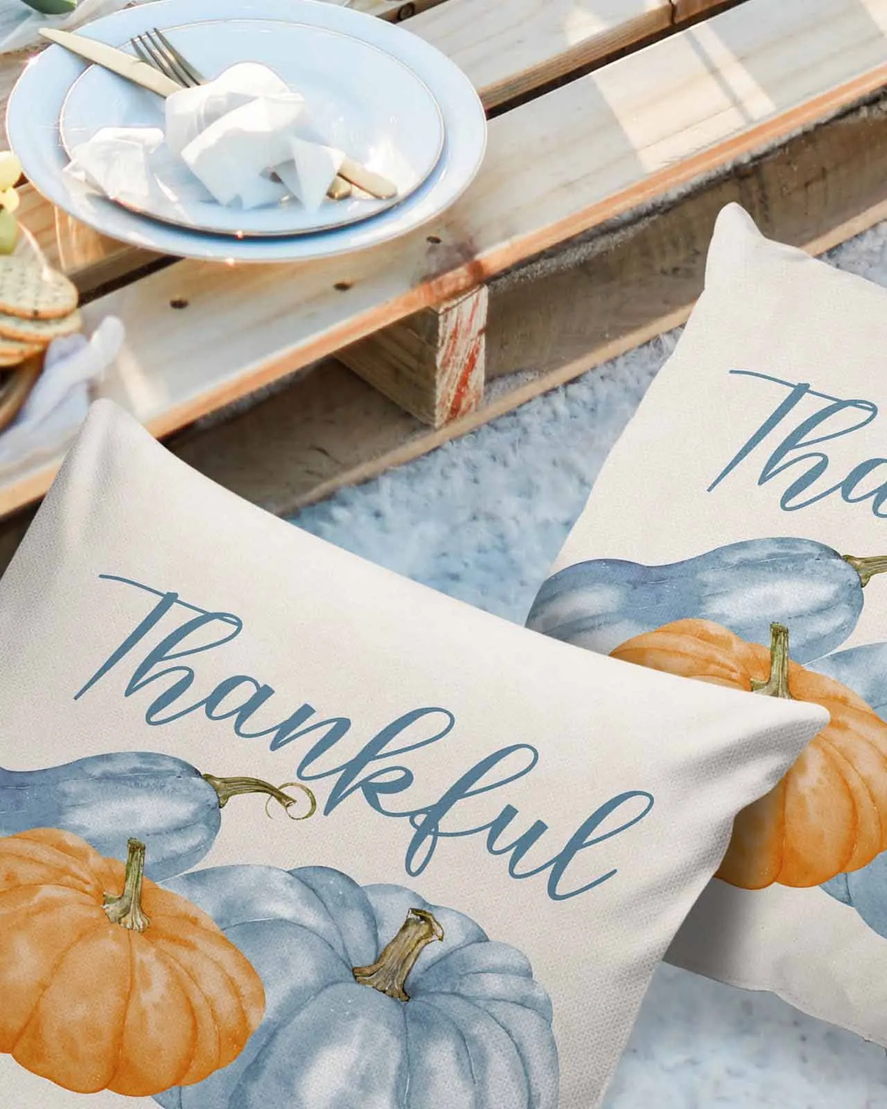 Autumn Thanksgiving Blue Pumpkin Pillowcase Set Living Room Sofa Decor Cushion Cover Waterproof Throw Pillowcover