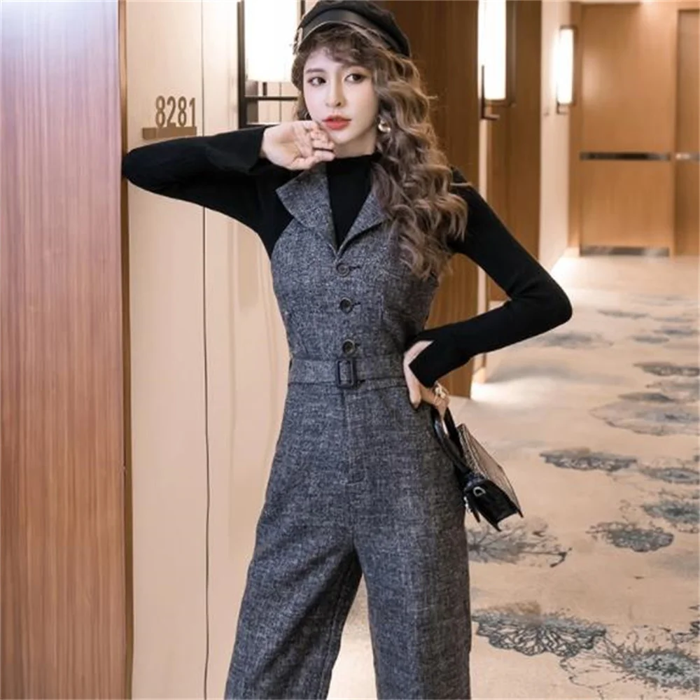 Woolen One Piece Wide Leg Pants Suit New Fashion single-breasted lapels long women casual  enteritos mujer cute jumpsuit women