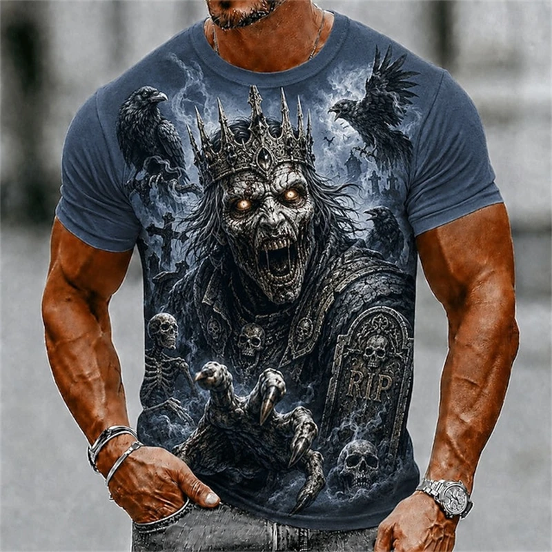 New Men's Spring/Summer Crew-Neck T-Shirt Gray Crown Skull Raven Castle and Graveyard Gothic Horror-Style Top Men's Short-Sleeve