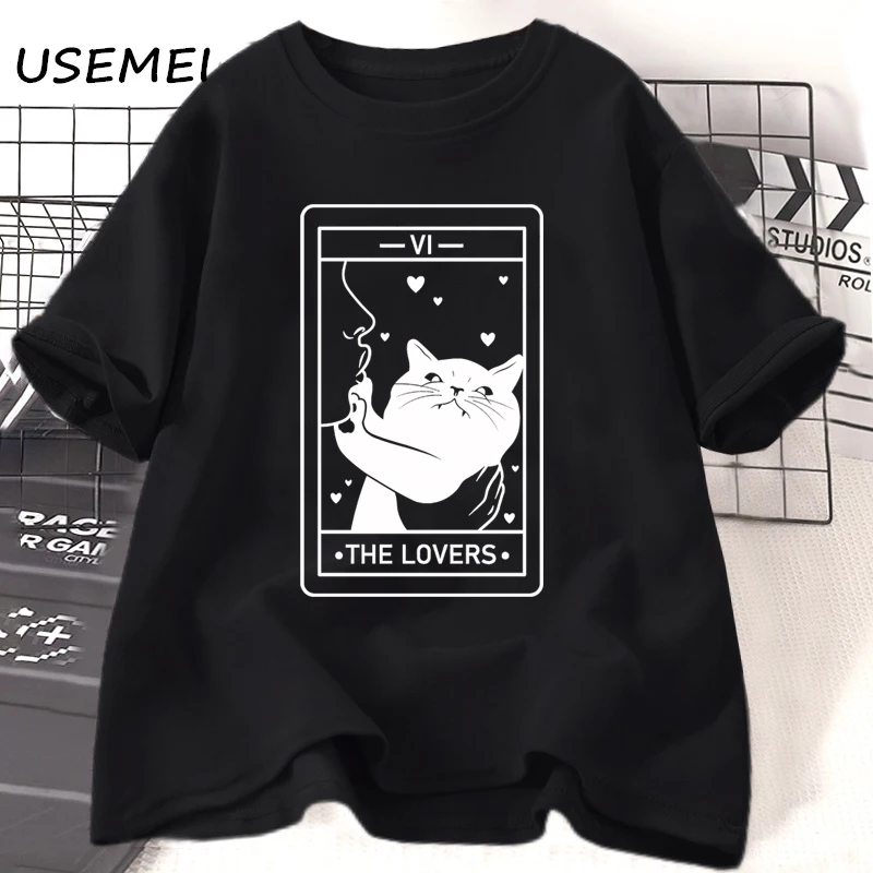 

Tarot The Lovers T Shirt Cotton Short Sleeve Cat Lover T-shirt Crazy Cat Lady Graphic Tees Harajuku Casual Vintage Clothes Tees