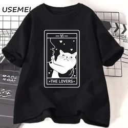 Tarot The Lovers T Shirt Cotton Short Sleeve Cat Lover T-shirt Crazy Cat Lady Graphic Tees Harajuku Casual Vintage Clothes Tees