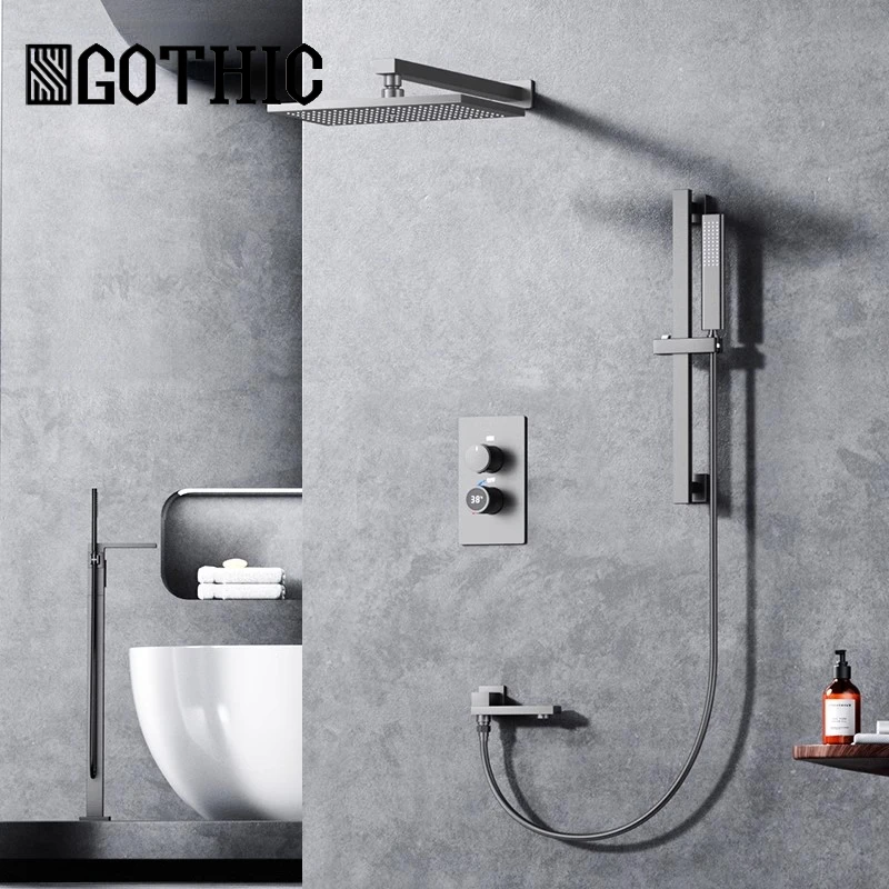 

Gun Gray Bathroom Concealed Shower Faucet Wall Mounted Digital Display Shower Mixer Tap White Minimalist Brass Shower Set