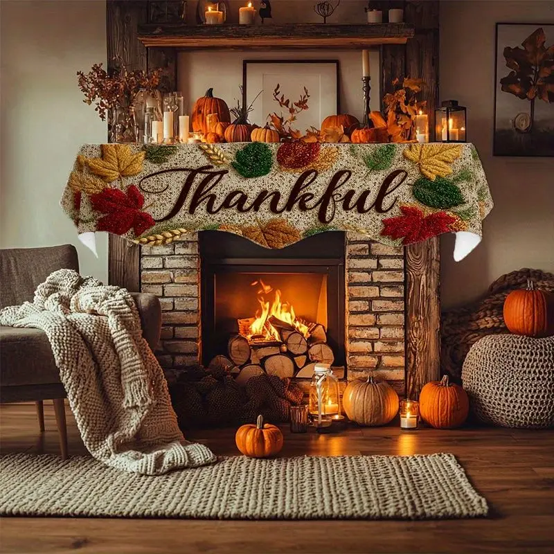 VIKAMA Fall Mantel Scarf Harvest Maple Leaf Grain Pattern Fireplace Top Runner For Thanksgiving Indoor Home Decor