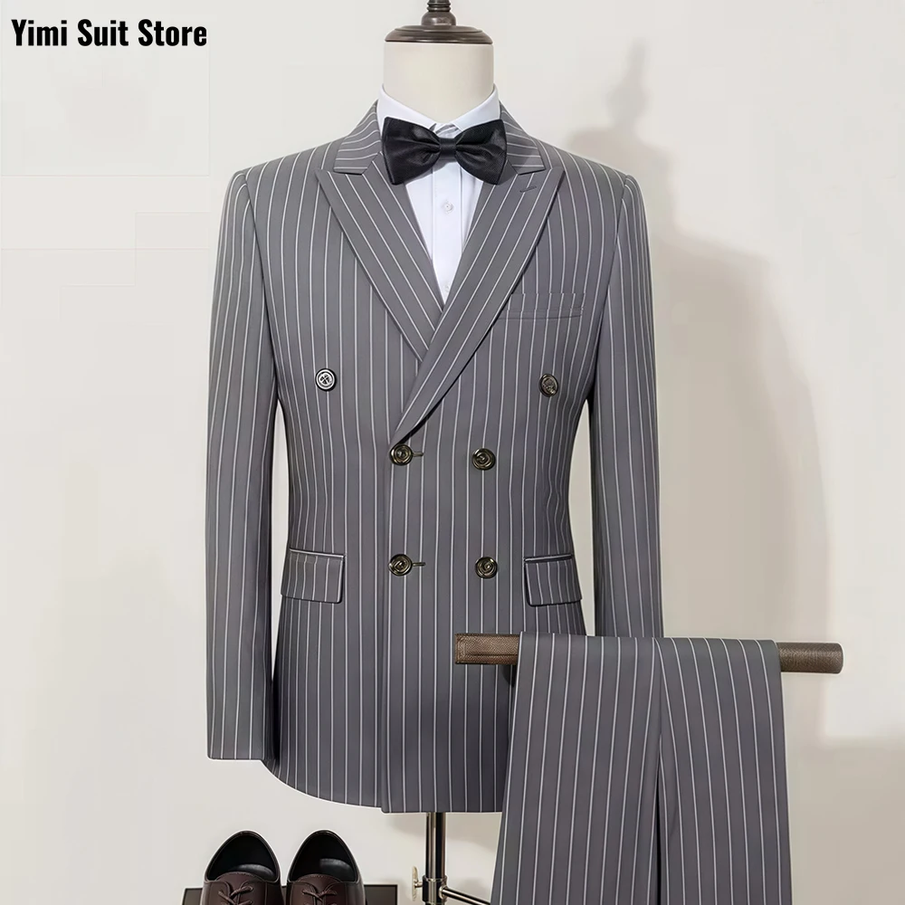 

Fashion Black Pinstripe Men Suits 2 Piece Summer Double Breasted Groom Suit Slim Smart Casual Office Wedding Suits Jacket+Pants