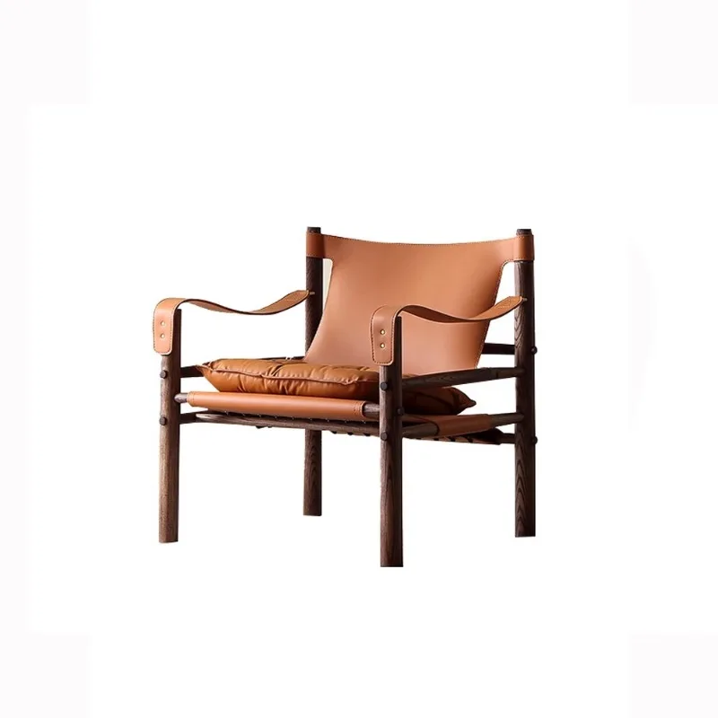 Retro solid wood single leisure chair Home living room Comfortable lazy adult lunch break Leather balcony recliner