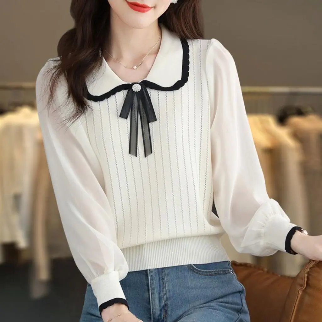 

Women's Fake Two-Piece Ice Silk Top Spring/Fall Knitted Bottoming Shirt New Style Doll Collar Splicing Trendy Outerwear