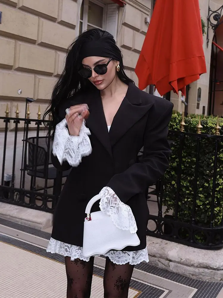 

Chic Lace Spliced Long Sleeve Slim Dress Women Elegant Lapel Double-breasted High Waist Mini Dresses 2024 New Lady Blazer Robe