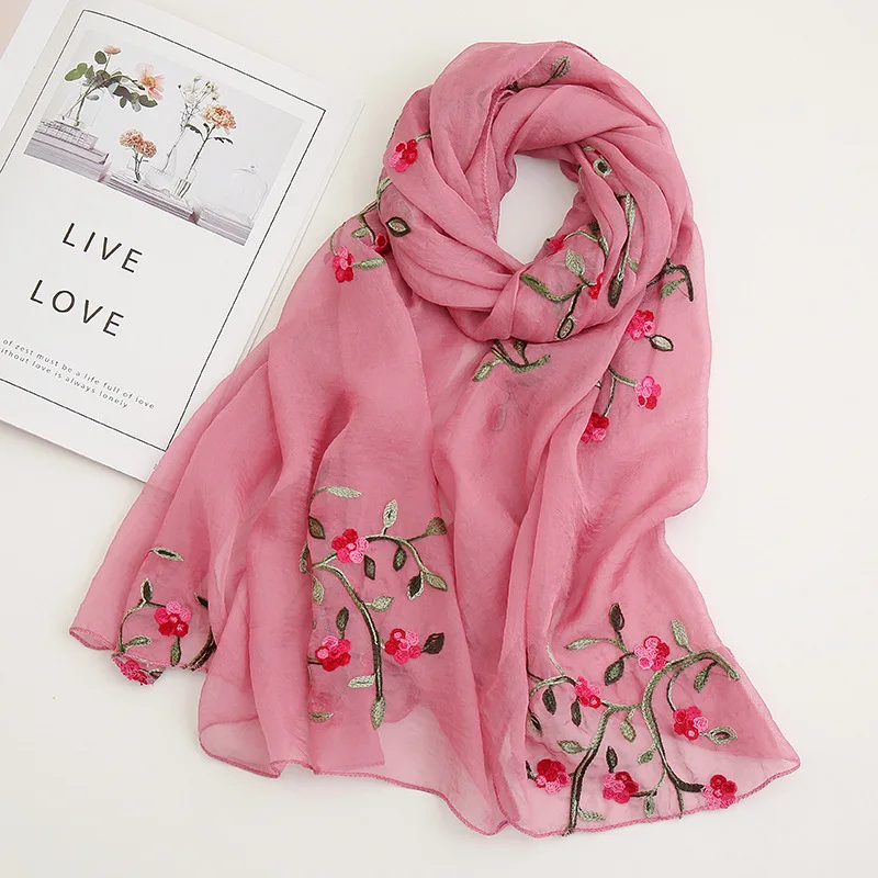 Sunscreen Embroidered Women's Beach Towel, Shili Peach Blossom Elegant Embroidered Women's Chinese Style Scarf