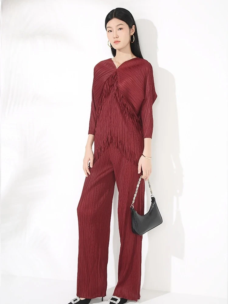 

Chic 2025 Summer New Women's Two-piece Set High-grade Tassel Splicing V-neck Bat-sleeve Top + High-waisted Straight Pants Set