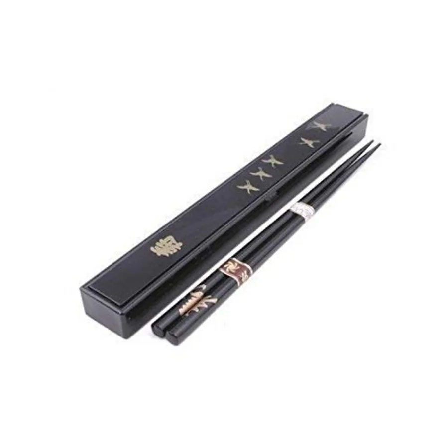 3640, Japanese Portable Chopsticks with Case Travel Chopsticks, Crane Pattern, Black, Made in Japan
