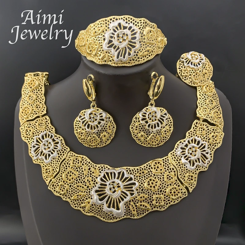 

Two Tones Hollow Chunky Choker Collar 4Pcs Jewelry Set for Women Necklace Earrings Bracelet Ring Bridal Wedding Party Gifts