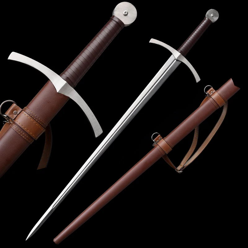 Knight Bastard European Medieval Sword Full Size 5160 Carbon Steel Unsharp Leather Wrapped Wood Scabbard Collection Decor Prop