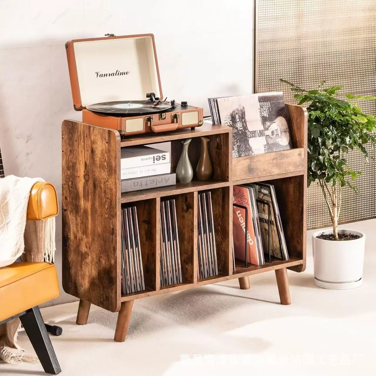 Cross-border new home floor-to-ceiling record storage rack solid wood bedroom book finishing rack retro wood CD