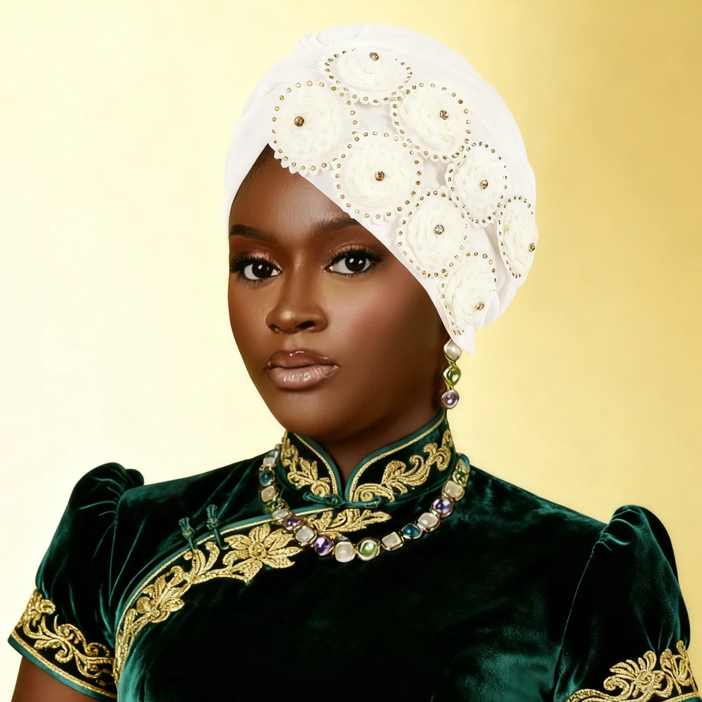 Sombrero indio con flores de diamantes de imitación, Turbante para Mujer, Hijab musulmán, pañuelo plisado para la cabeza, Geles africanos, tocado para la cabeza, Turbante para Mujer