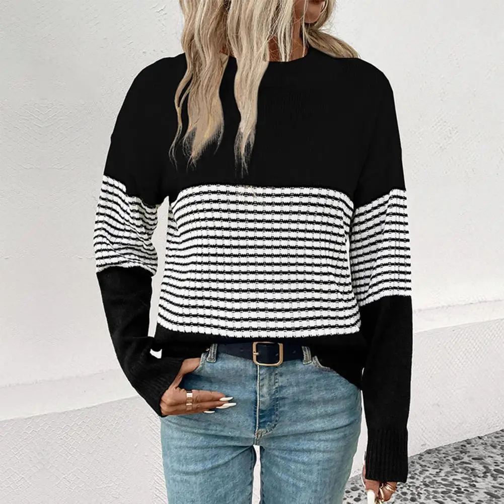 

Women Sweater Round Neck Long Sleeve Contrast Color Knitting Tops Loose Fit Stretchy Casual Knitwear Daily Wear