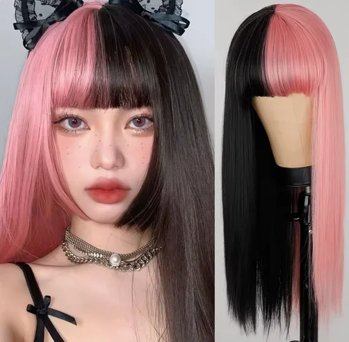 Synthetic wig Pink and Black Wig Long Straight hair Cosplay Wig Halloween wig Two Tone Ombre Color Women Hair Wigs Pink Green