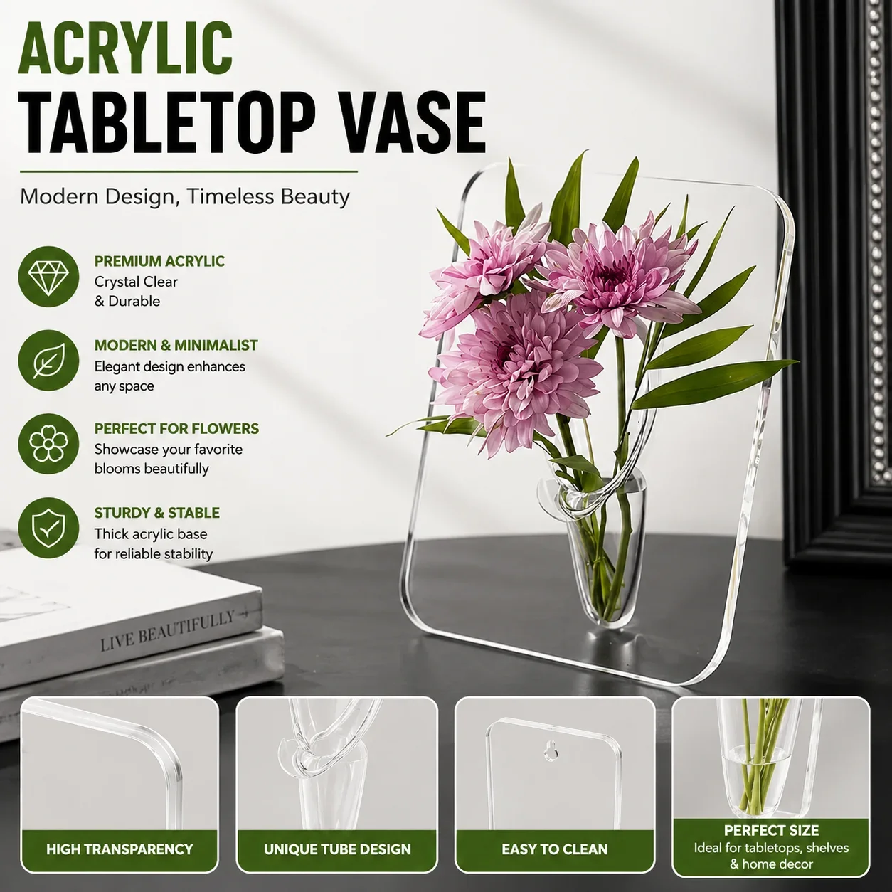 Flower Vase Clear Acrylic Frame Modern Minimalist Transparent Floral Vase Decorative Ornament for Desktop Bookshelf Living Room
