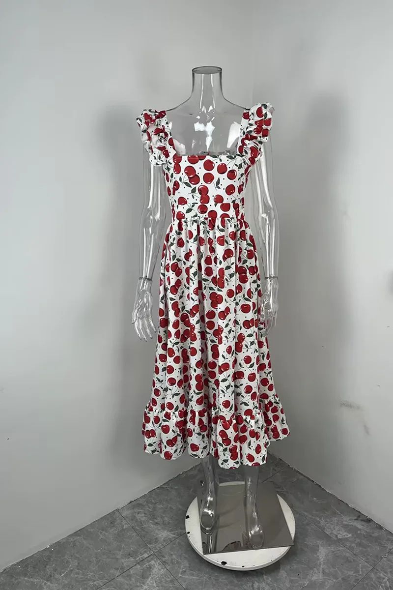 Verão feminino pescoço quadrado manga voadora vestido longo elegante floral impressão altura cintura vestido de festa feminino botão plissado bohe vestidos